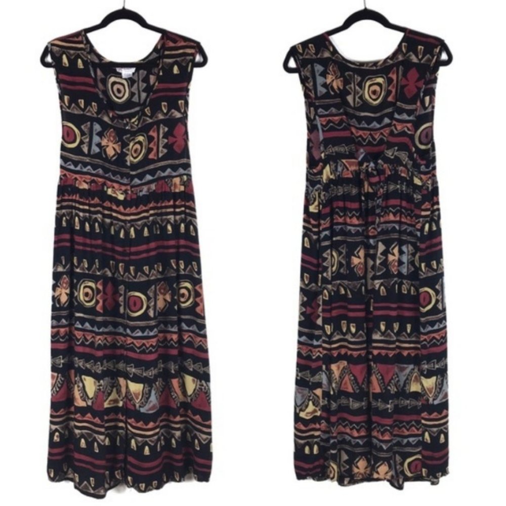 Vintage 90’s Black Aztec Tribal Print Babydoll Maxi D…